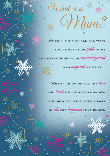 Mum Christmas card - snowflakes and hearts