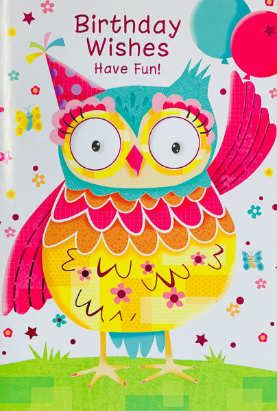 Kids birthday card - colourful owl