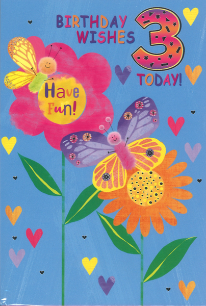 Age 3 birthday card rainbow butterflies