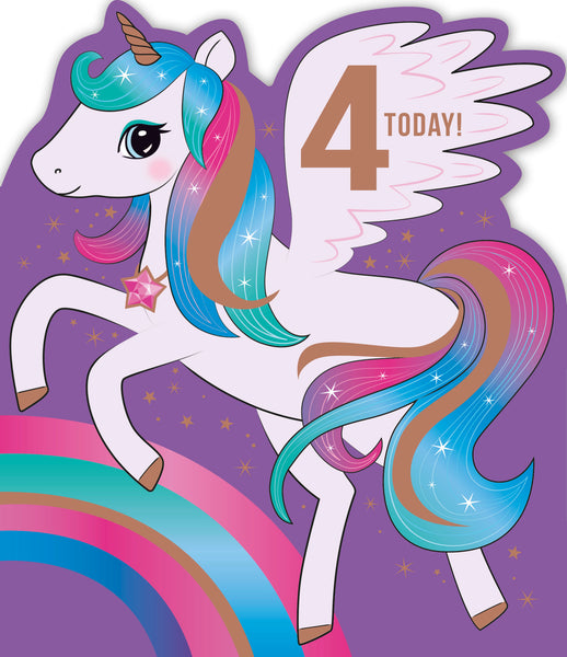 Age 4 birthday card - rainbow unicorn