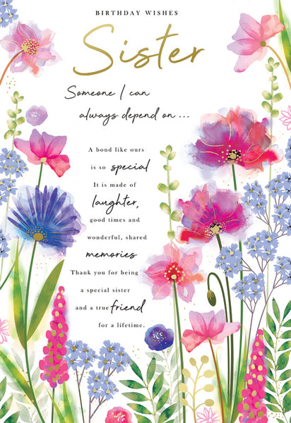 Sister birthday card- flowers and sentimental verse