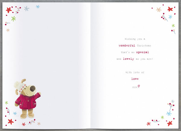 Luxury Mum Christmas card - Boofle holding flowers