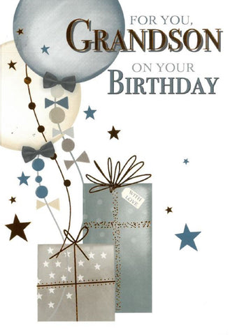 Grandson birthday card- modern gifts and balloons