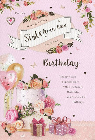 Sister-in-law birthday card- sparkling cake and gifts