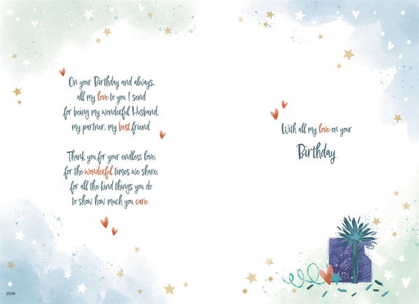 Husband birthday card - cake and gifts