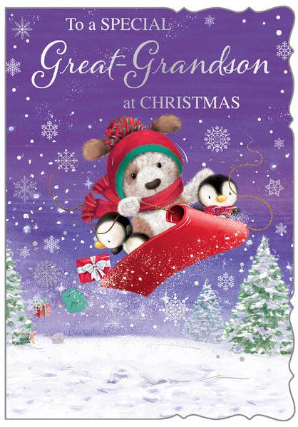 Great-Grandson Christmas card - cute dog sledging