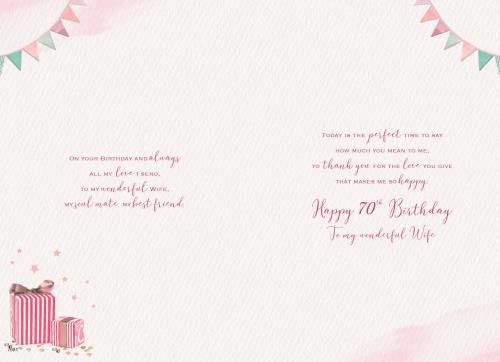 Wife 70th birthday card- birthday cake and presents