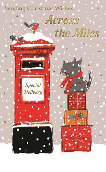Across the miles Christmas card- dog and postbox