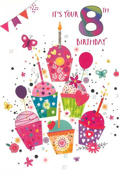 Age 8 birthday card - colourful cupcakes