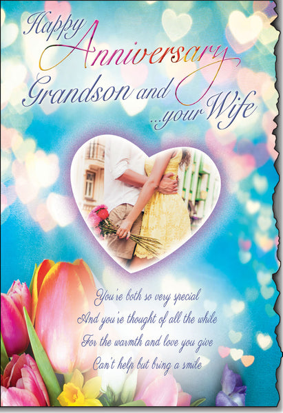 Grandson and Wife anniversary card- hearts and flowers