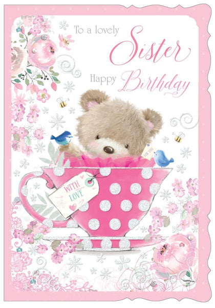 Sister birthday card - cute bear and teacup