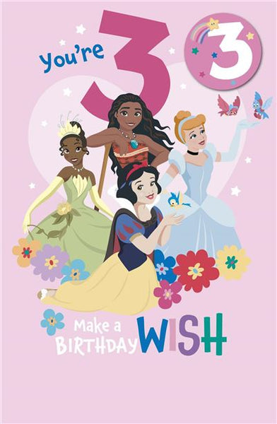 Age 3 Disney Princess birthday card with badge