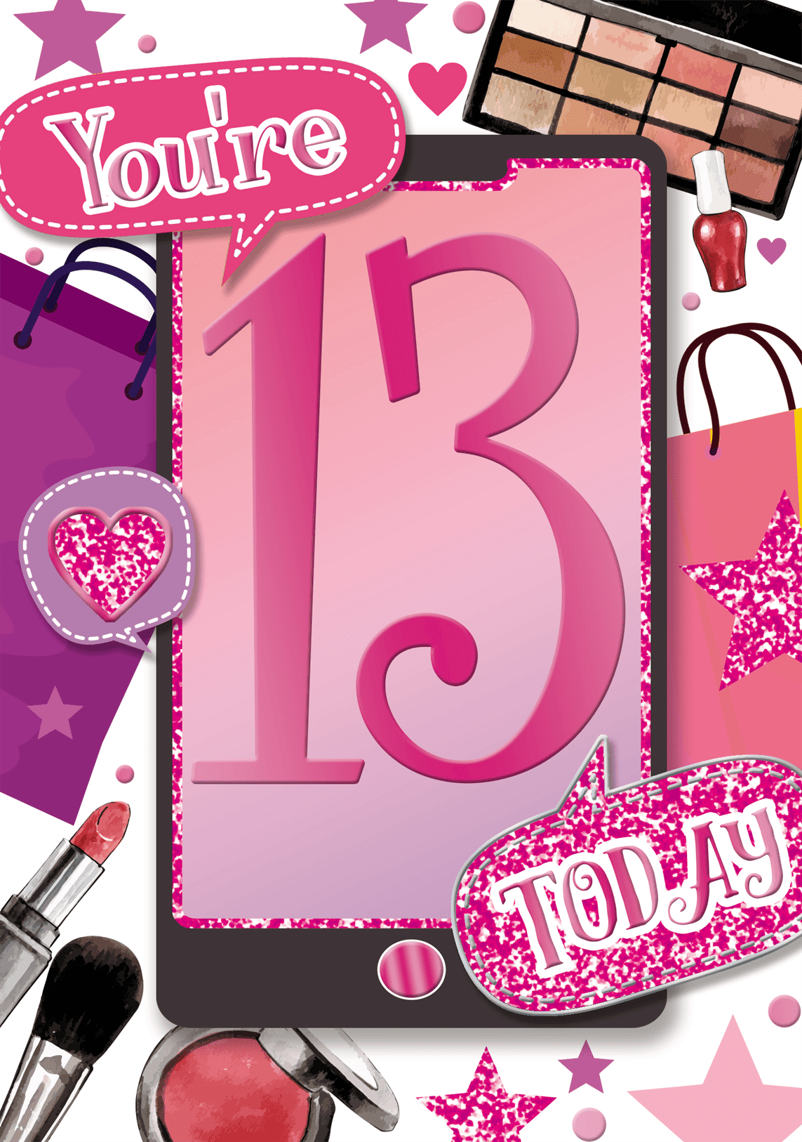 Age 13 birthday card - phone and makeup