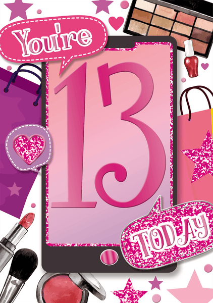 Age 13 birthday card - phone and makeup