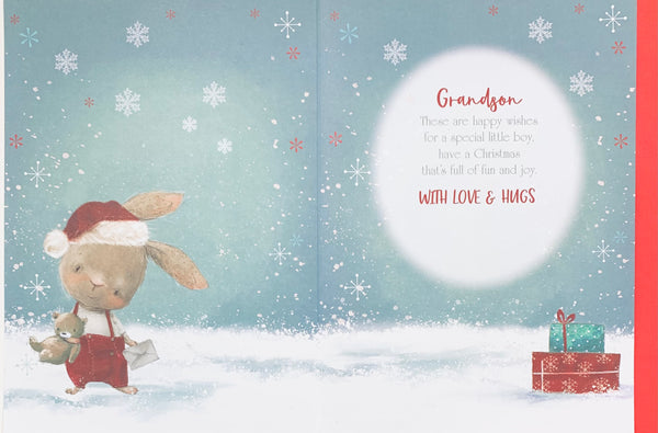 Grandson Christmas card - Cute Xmas rabbit