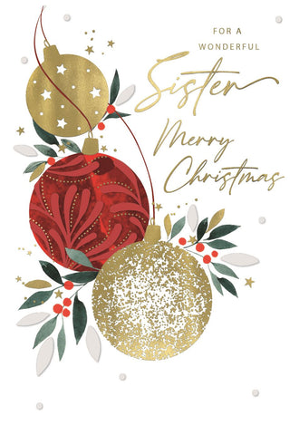 Sister Christmas card - Christmas baubles