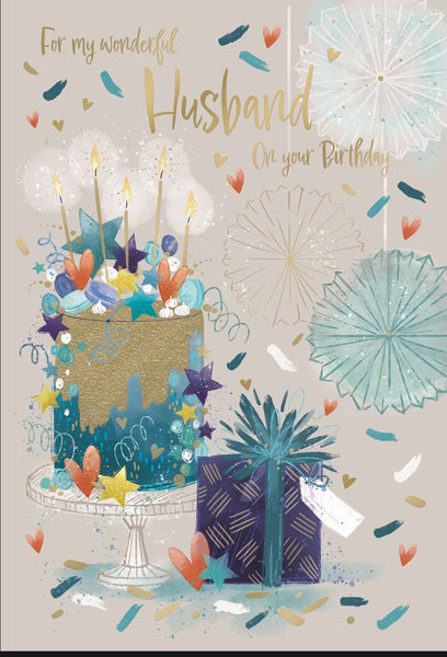 Husband birthday card - cake and gifts