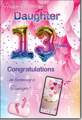 Daughter 13th birthday card - phone and balloons