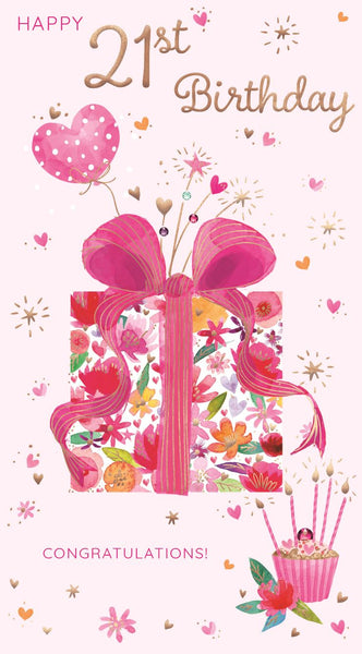 21st birthday card - gifts and cupcake
