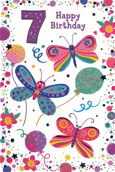 Age 7 birthday card- balloons and butterflies