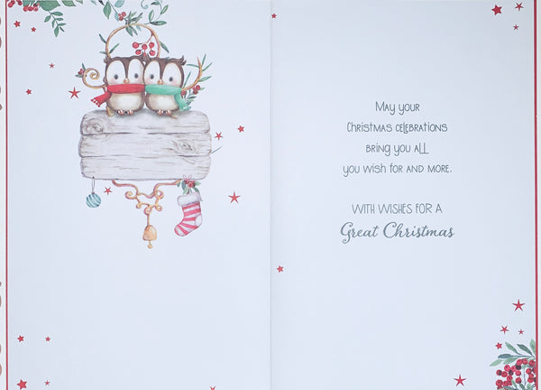 To all the family Christmas card- cute festive owls