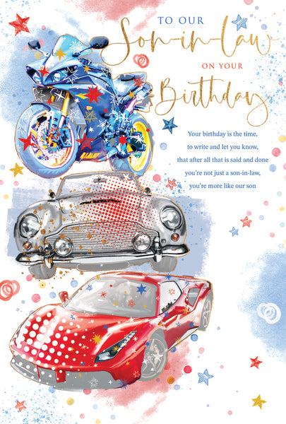 Son-in-law birthday card - sports cars and motorcycles