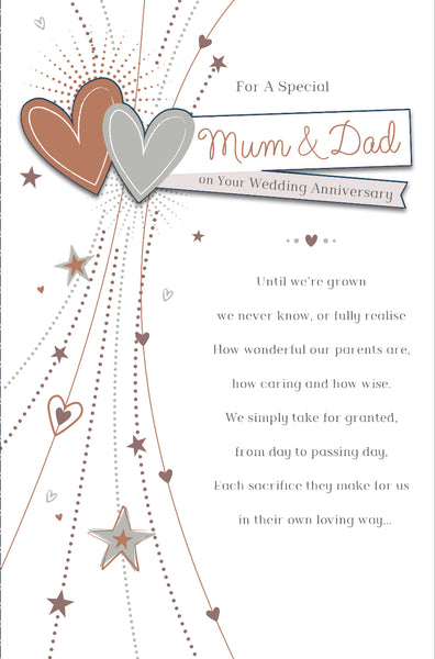 Mum and Dad anniversary card - modern hearts - sentimental verse