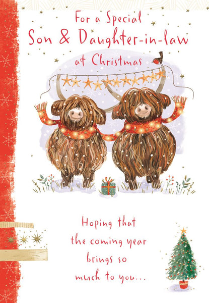 Son and Daughter in law Christmas card- cute highland cows