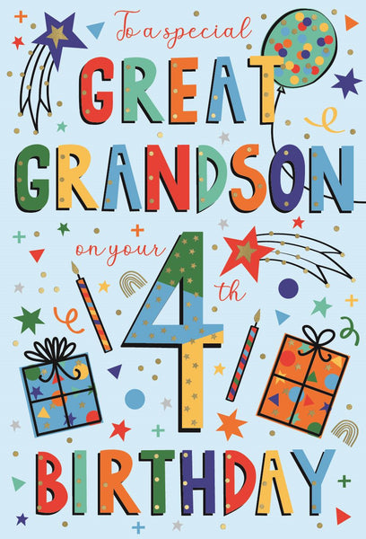 Great-Grandson 4th birthday card - colourful