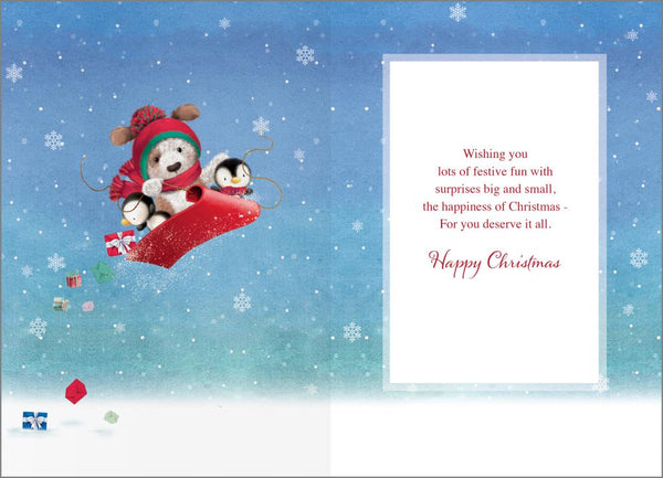 Grandson Christmas card - cute dog sledging