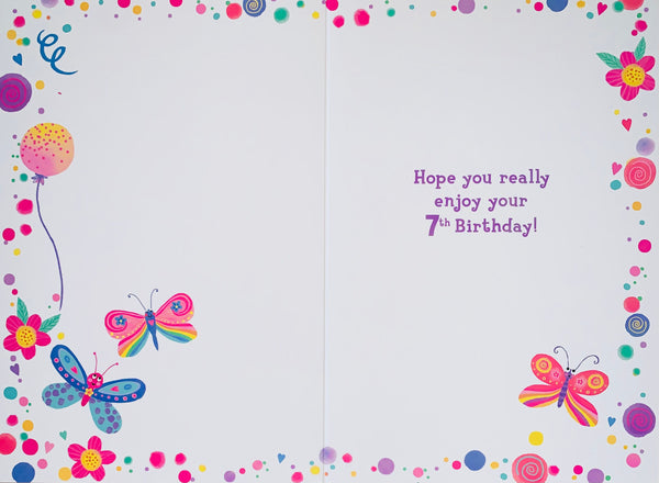 Age 7 birthday card- balloons and butterflies