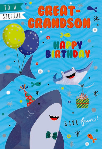 Great Grandson birthday card- cute sharks