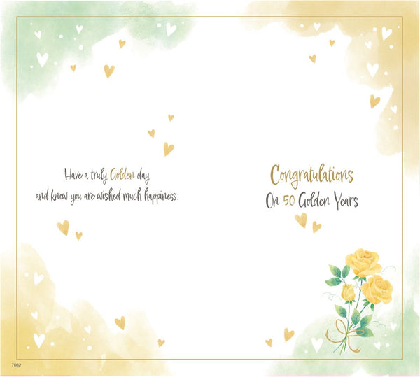 Golden wedding anniversary card - roses and hearts