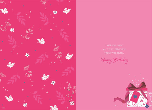 Sister birthday card - colourful gift and flowers