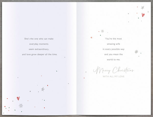 Luxury Wife Christmas card - hearts and snowflakes