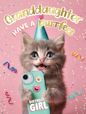 Granddaughter birthday card - cute kitten and mobile phone