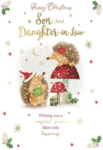 Son and Daughter-in-law Christmas card - cute hedgehogs