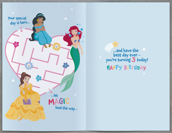 Age 3 Disney Princess birthday card with badge