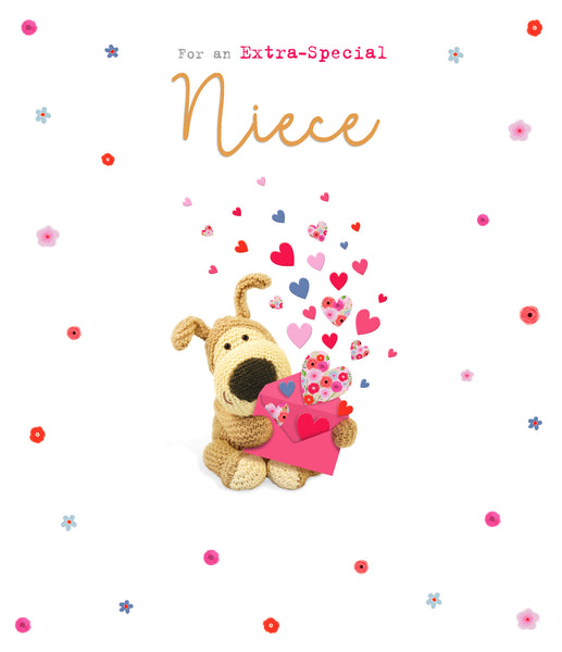 Niece birthday card- Boofle holding flowers