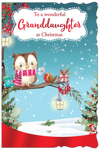 Granddaughter Christmas Card | Cute Owl & Red Foil Design