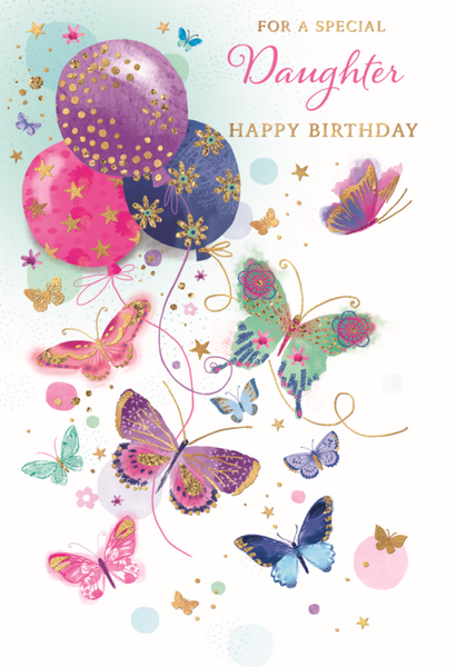 Daughter birthday card- butterflies, balloons and flowers