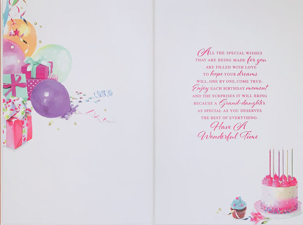 Granddaughter birthday card - cake and balloons