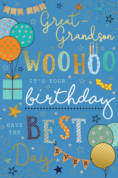 Great Grandson birthday card - gifts and balloons
