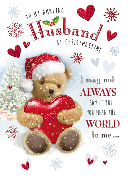 Husband Christmas card - hearts and teddy