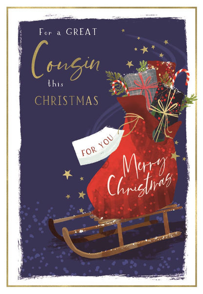 Cousin Christmas card - gifts and sleigh