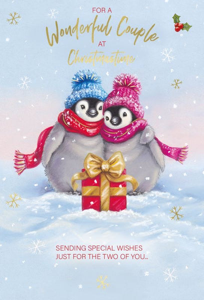 To a Wonderful couple Christmas card- Christmas penguins