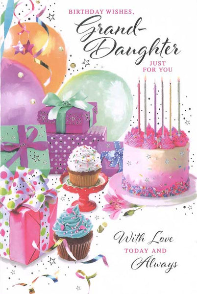 Granddaughter birthday card - cake and balloons