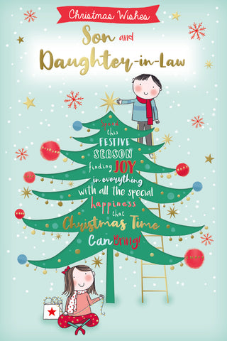 Son and Daughter-in-law Christmas card - tree decorating