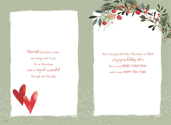 Sister and Fiancé Christmas card - hearts and holly