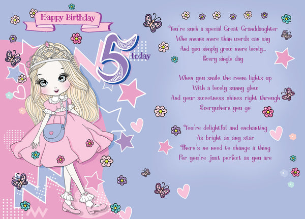 Great-Granddaughter 5th birthday card - birthday princess